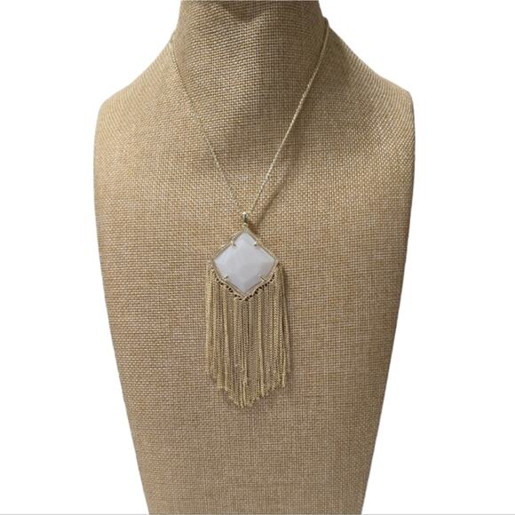 Kendra Scott White Banded Agate Kingston Tassel Fringe Boho Gold Plated Necklace - Picture 3 of 9